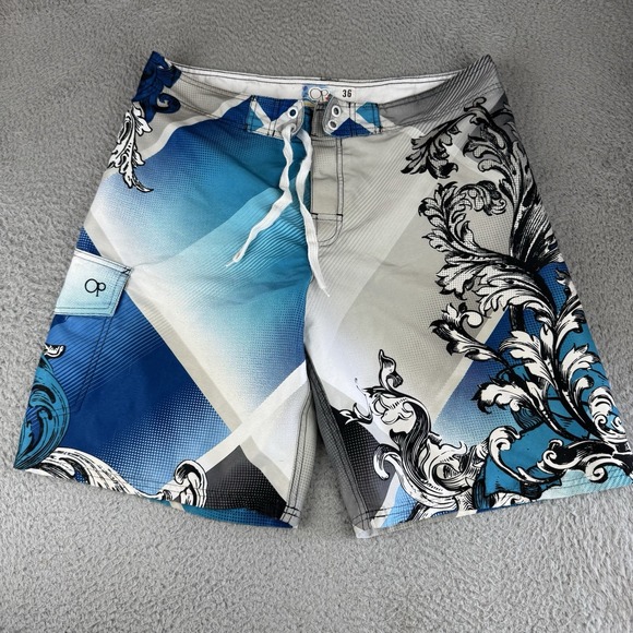 Op Shorts Men's 36 Swim Trunks Bottom Aqua Falls Blue & White Ocean Pacific Surf - Picture 1 of 10